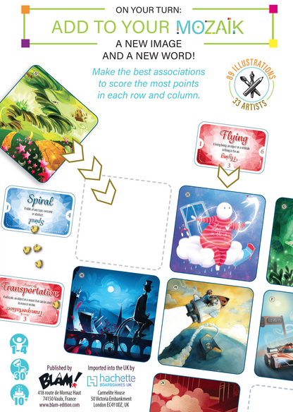 Board game packaging with illustrations and text, featuring a colorful design.