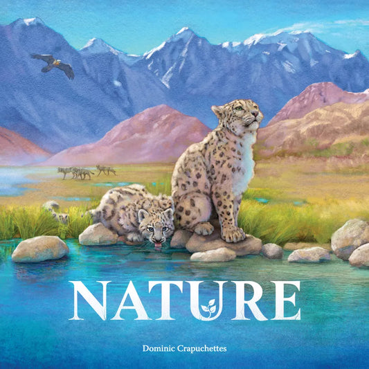 Two snow leopards by a lake with mountains in the background, featuring the word 'NATURE' and artist's name.