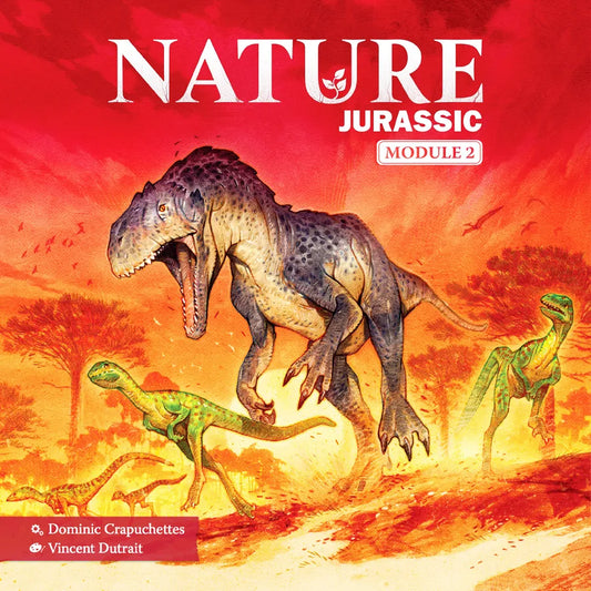 Book cover of 'Nature Jurassic Module 2' with dinosaurs on a fiery background