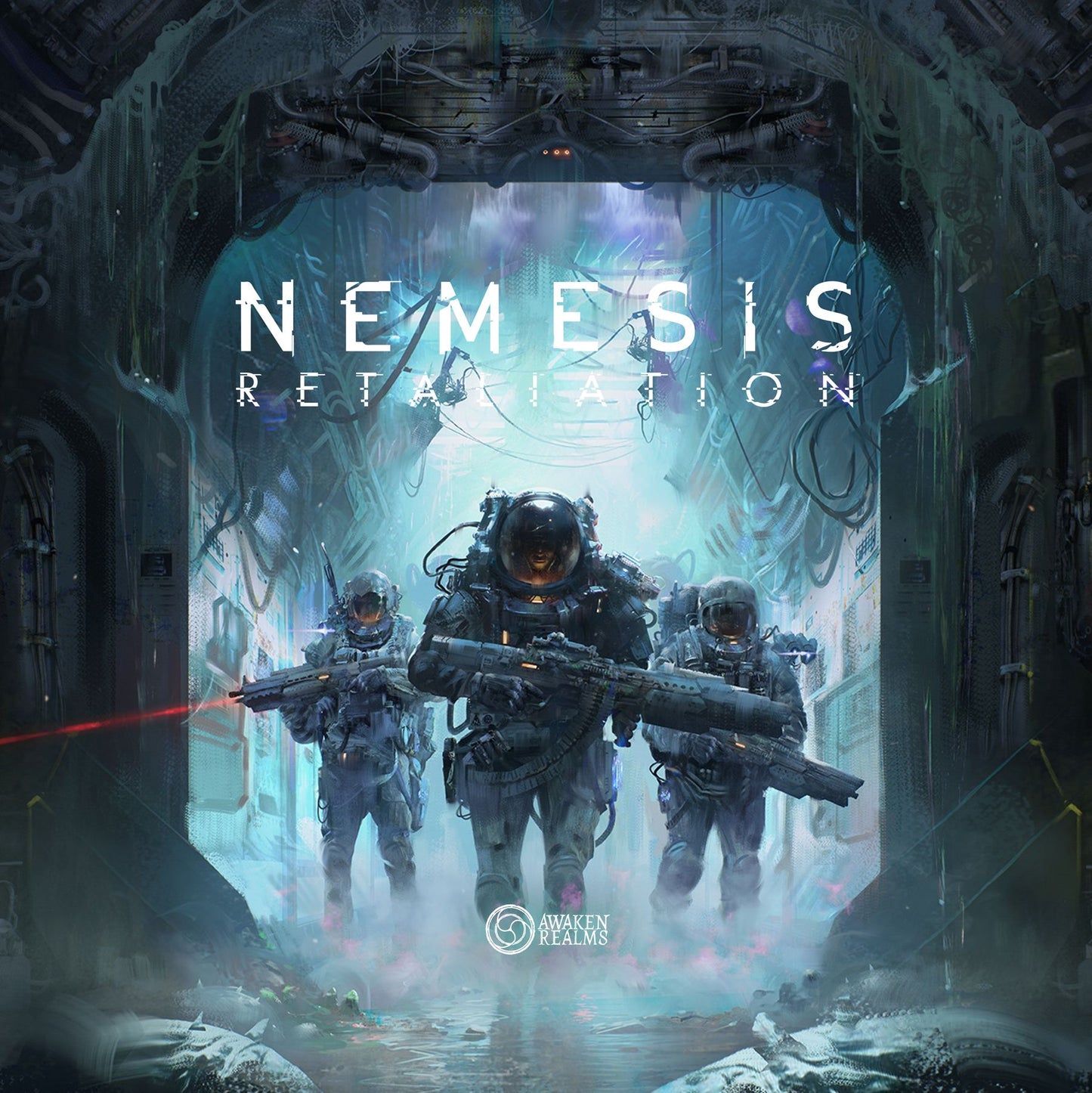Cover of 'Nemesis Retaliation' with futuristic soldiers in a sci-fi corridor.