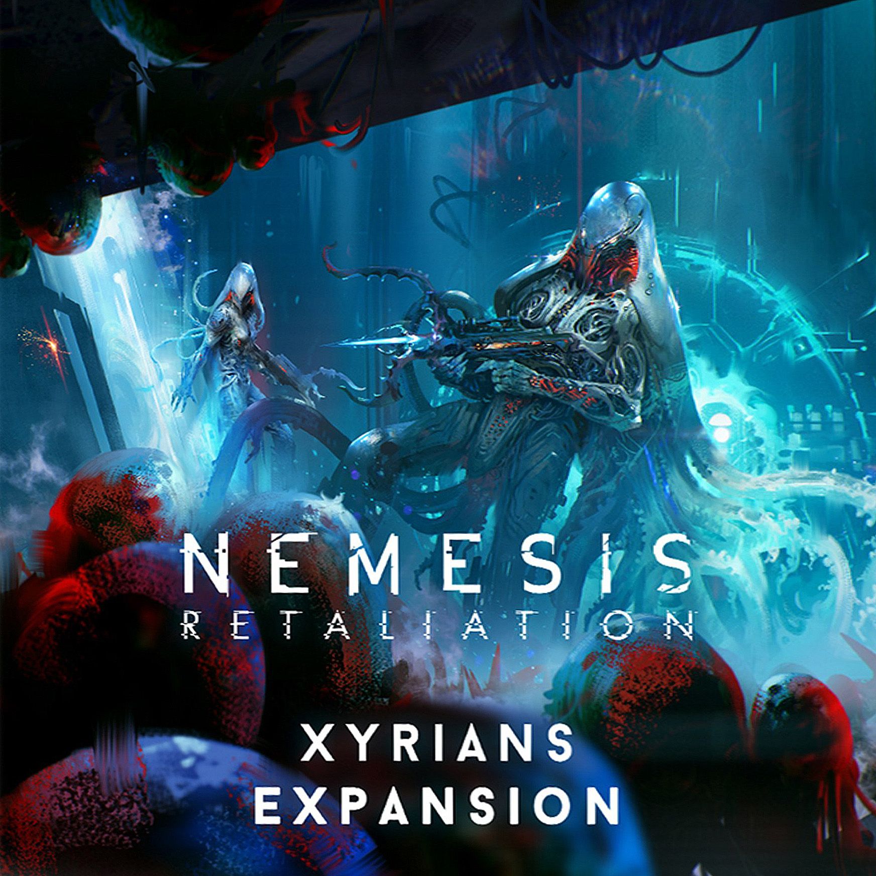 Cover of 'Nemesis Retaliation Xyrians Expansion' with futuristic characters and text.