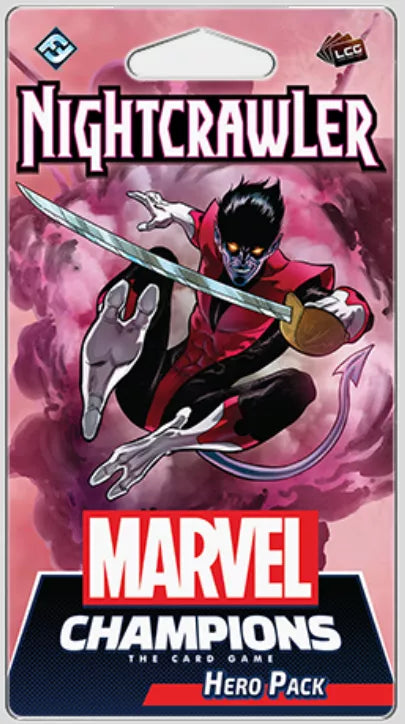 Marvel Champions: Nightcrawler Hero Pack card game booster pack packaging featuring a comic illustration of Nightcrawler in a red and black suit with a sword, on a pink smoky background.