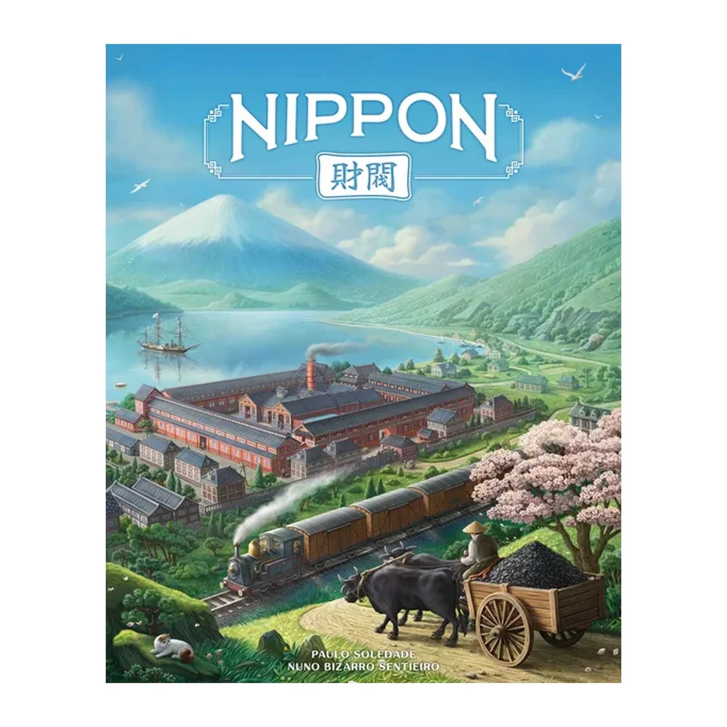 Board game box for 'Nippon' with a scenic illustration of a factory, train, and mountains.