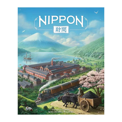 Board game box for 'Nippon' with a scenic illustration of a factory, train, and mountains.