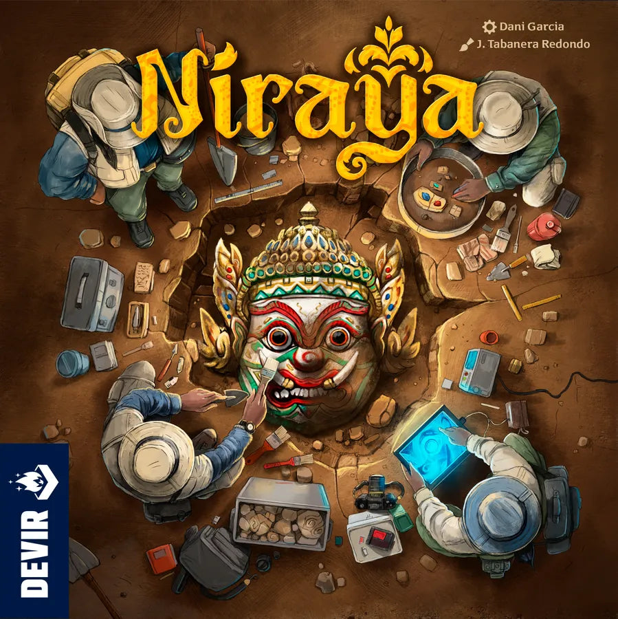 Board game cover of 'Miraya' with考古excavation theme and DEVR logo.