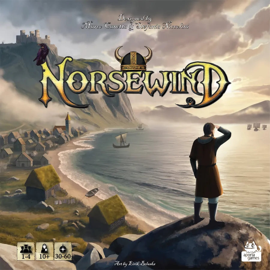 Board game box for 'Norsewind' with a Viking looking over a coastal village.