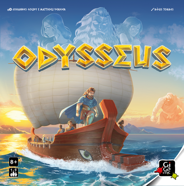 Board game box for 'Odysseus' with a ship and characters on a scenic background.