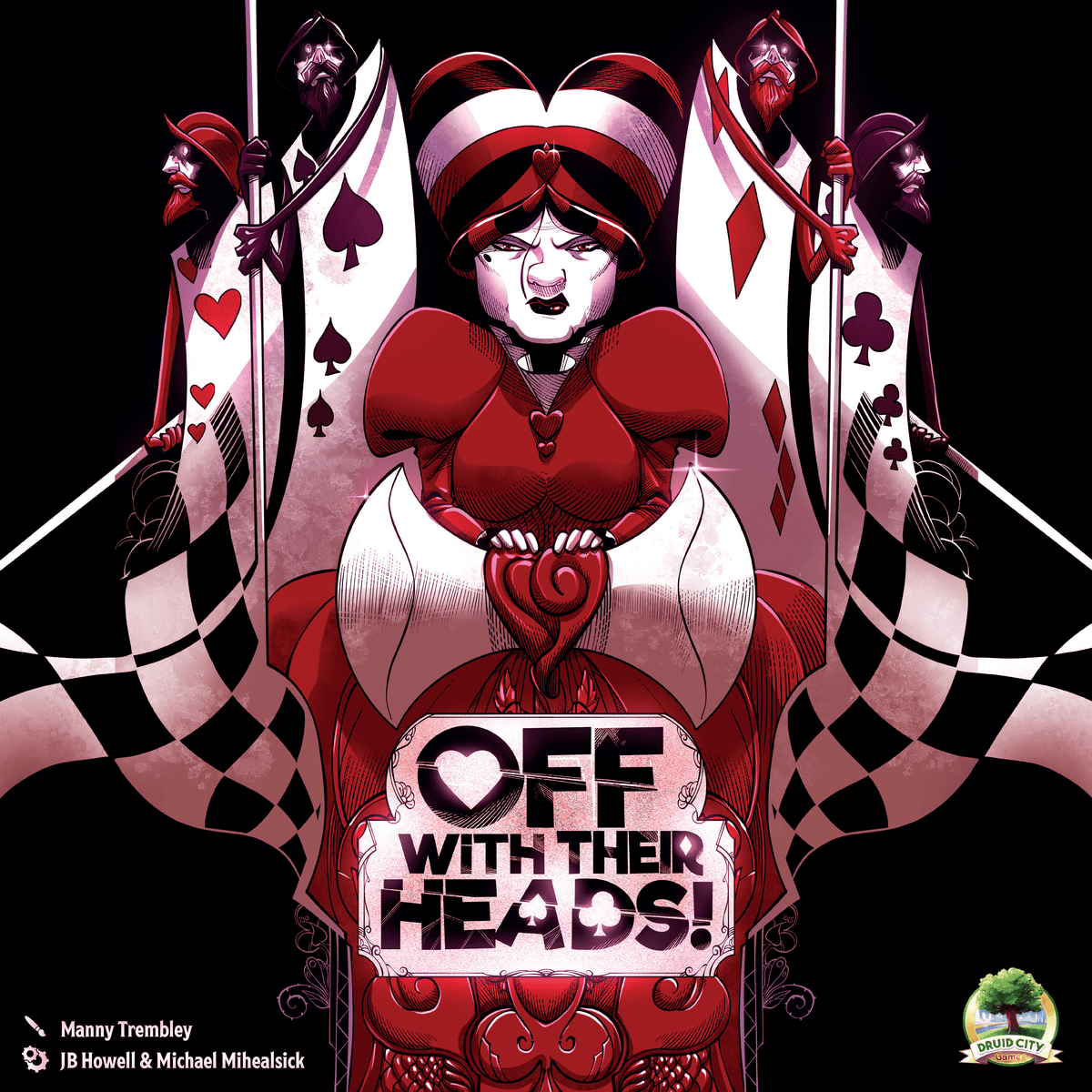 Album cover art for 'Off With Their Heads!' by Manny Trembley, featuring a stylized illustration of the Queen of Hearts in a red and white outfit, flanked by playing card figures on a black background.