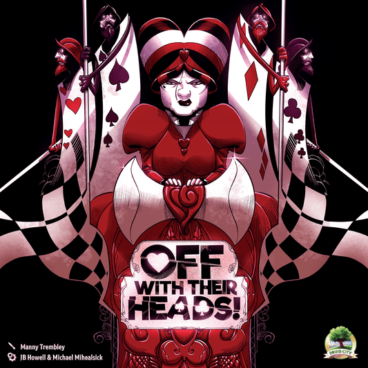Album cover art for 'Off With Their Heads!' by Manny Trembley, featuring a stylized illustration of the Queen of Hearts in a red and white outfit, flanked by playing card figures on a black background.