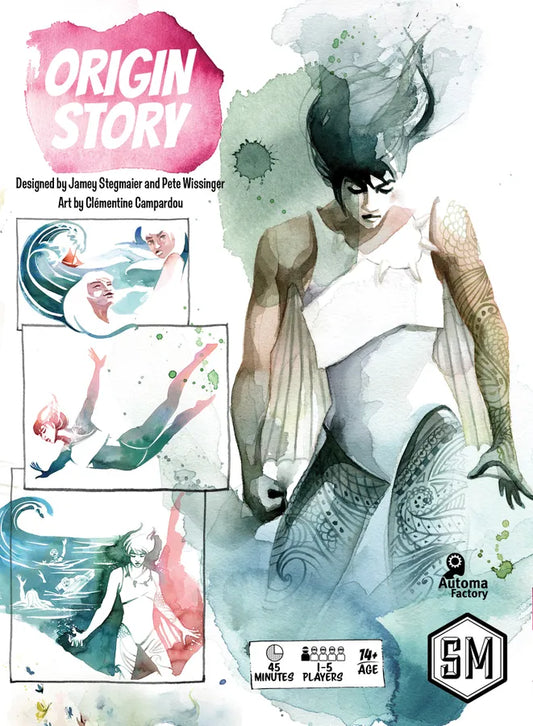 Book cover of 'Origin Story' with artistic illustrations and branding elements.