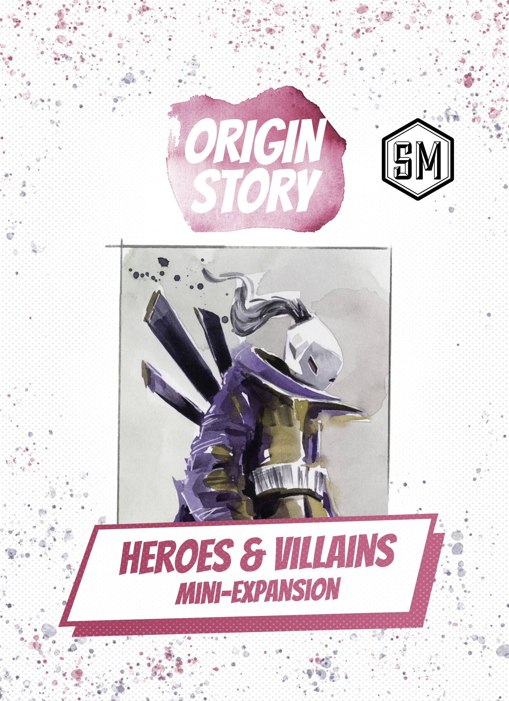 Card featuring a character in a purple and silver costume with 'Origin Story' and 'Heroes & Villains Mini-Expansion' text on a white background.