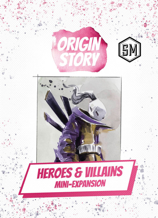 Card featuring a character in a purple and silver costume with 'Origin Story' and 'Heroes & Villains Mini-Expansion' text on a white background.