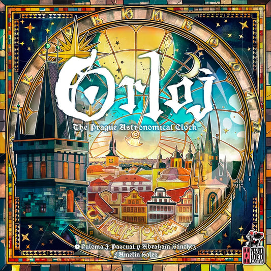 Board game box for 'Orloj: The Prague Astronomical Clock' with colorful design and clock illustration.
