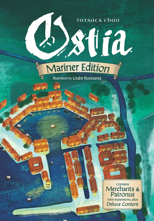 Cover of 'Ostia' game with map design and text on a green background