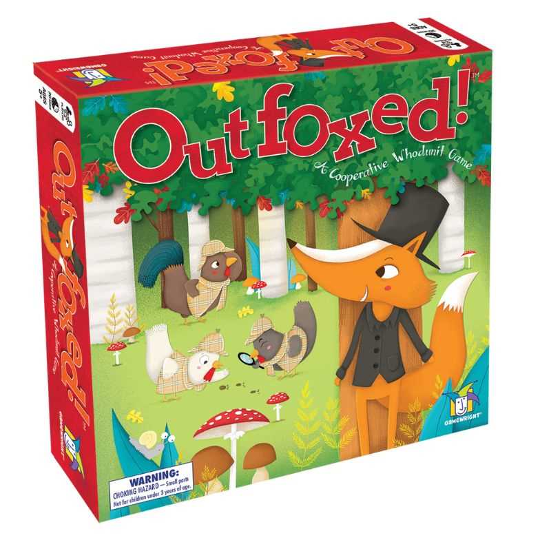 Board game box for 'Outfoxed!' with fox and forest design on a white background