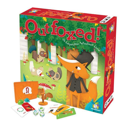 Board game box for 'Outfoxed!' with fox illustration and game components.