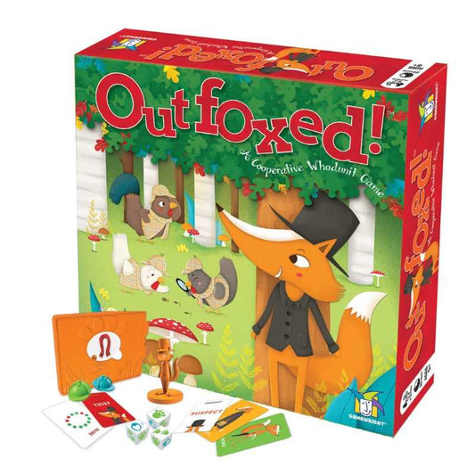 Board game box for 'Outfoxed!' with fox illustration and game components.