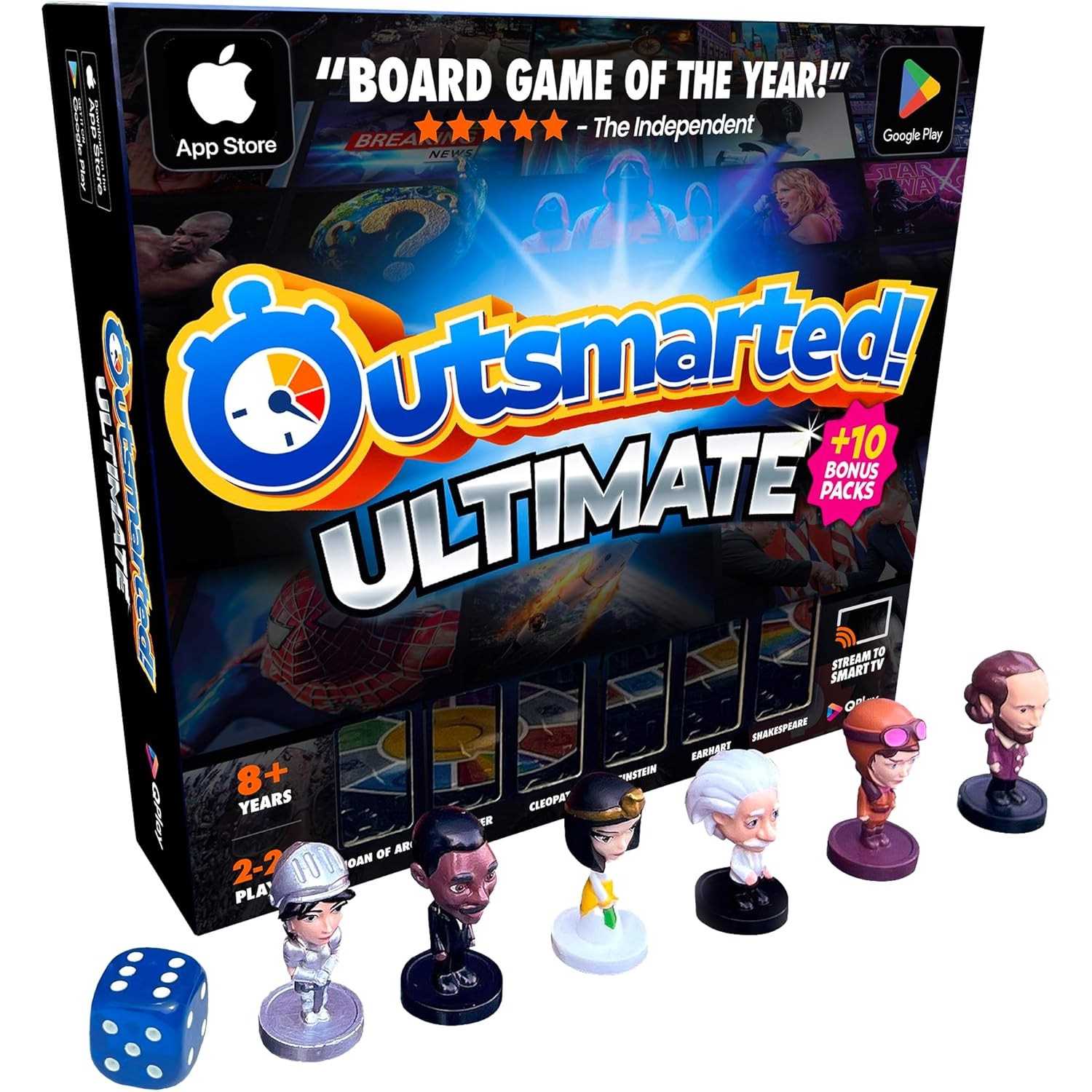 Outsmarted! Ultimate board game packaging with figures and dice on a white background