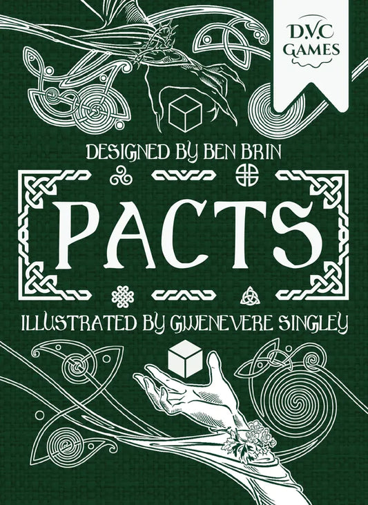 Cover of 'Pacts' game by DVC Games with decorative elements and text.