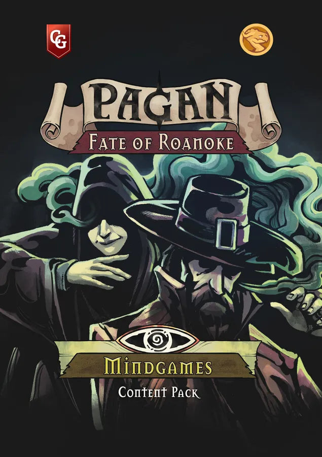 Cover of 'Pagan: Fate of Roamoke' Mindgames Content Pack with two figures and text on a dark background.