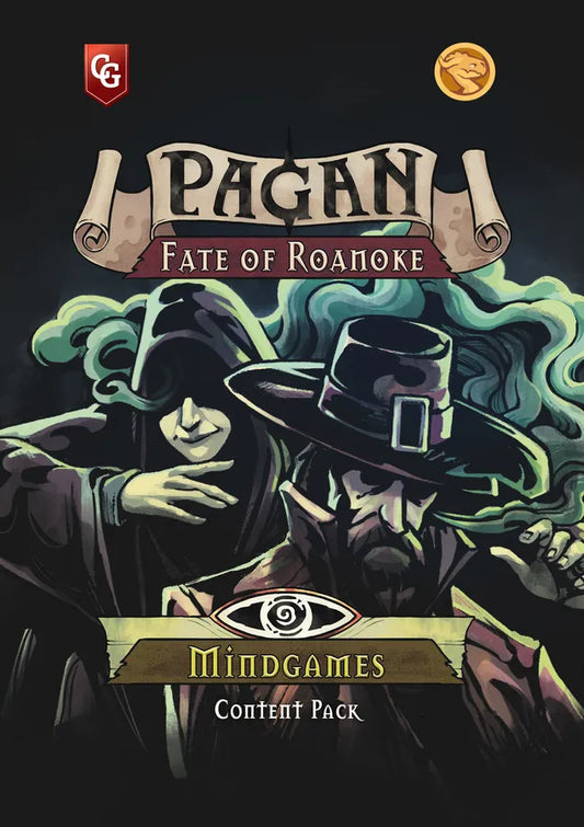 Cover of 'Pagan: Fate of Roamoke' Mindgames Content Pack with two figures and text on a dark background.