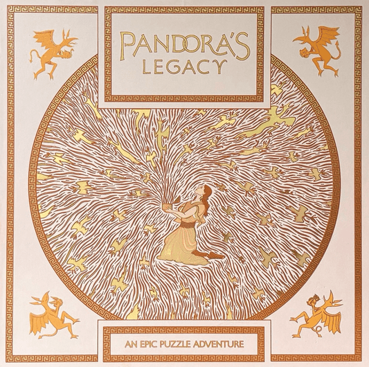 Cover of 'Pandora's Legacy' with a central illustration of a woman and winged creatures, surrounded by decorative elements.