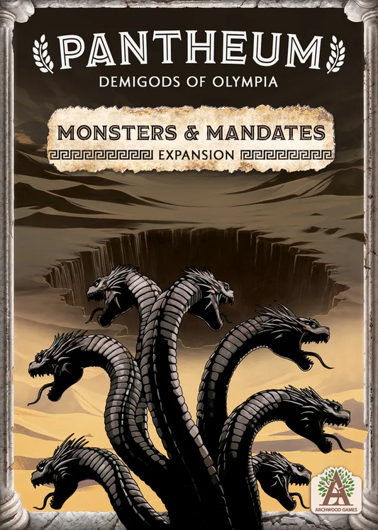 Pantheum: Demigods of Olympia Monsters & Mandates expansion box with serpent design.