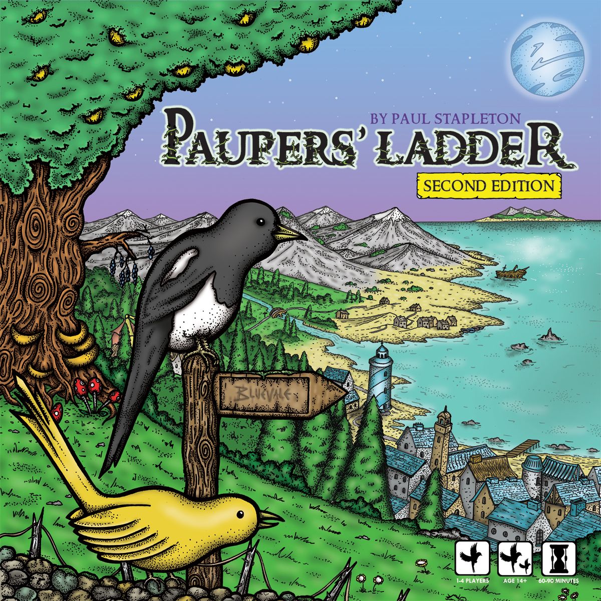Cover of 'Paupers' Ladder' board game with birds, trees, and a landscape.