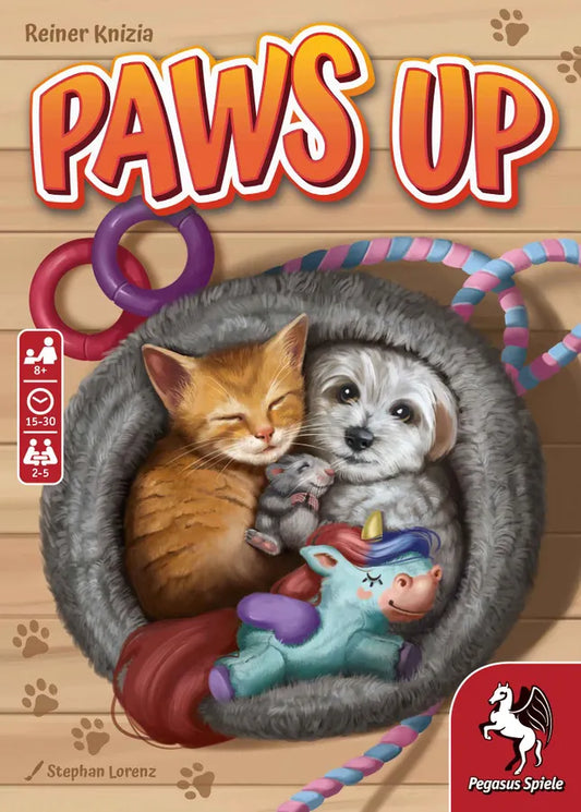 Board game cover titled 'Paws Up' featuring two animals in a窝 with colorful ribbons on a wooden background.