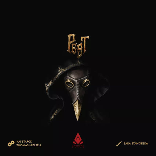 Plague doctor mask with 'Pest' text on a dark background