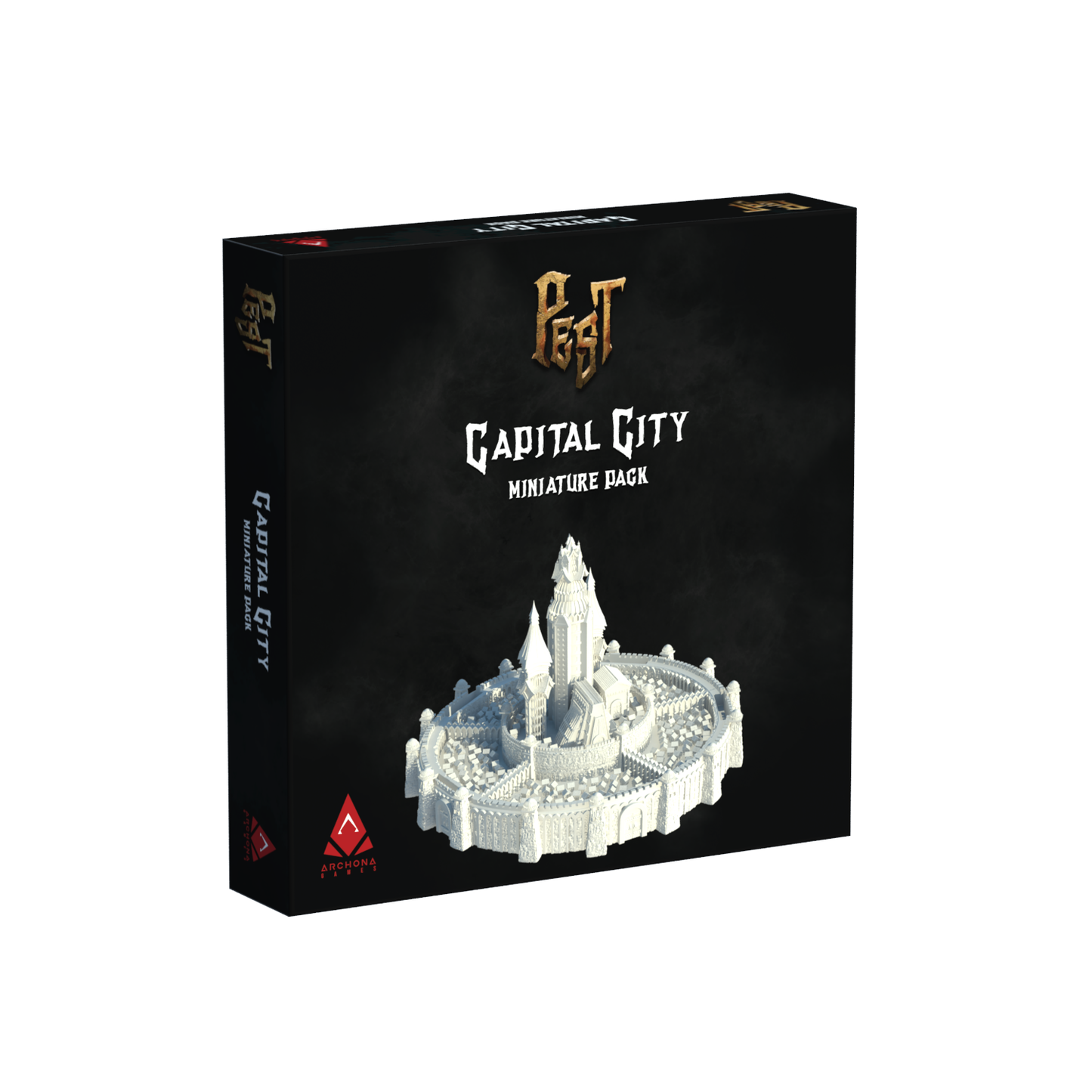 Box of 'Pest Capital City' miniature set with castle illustration on a white background