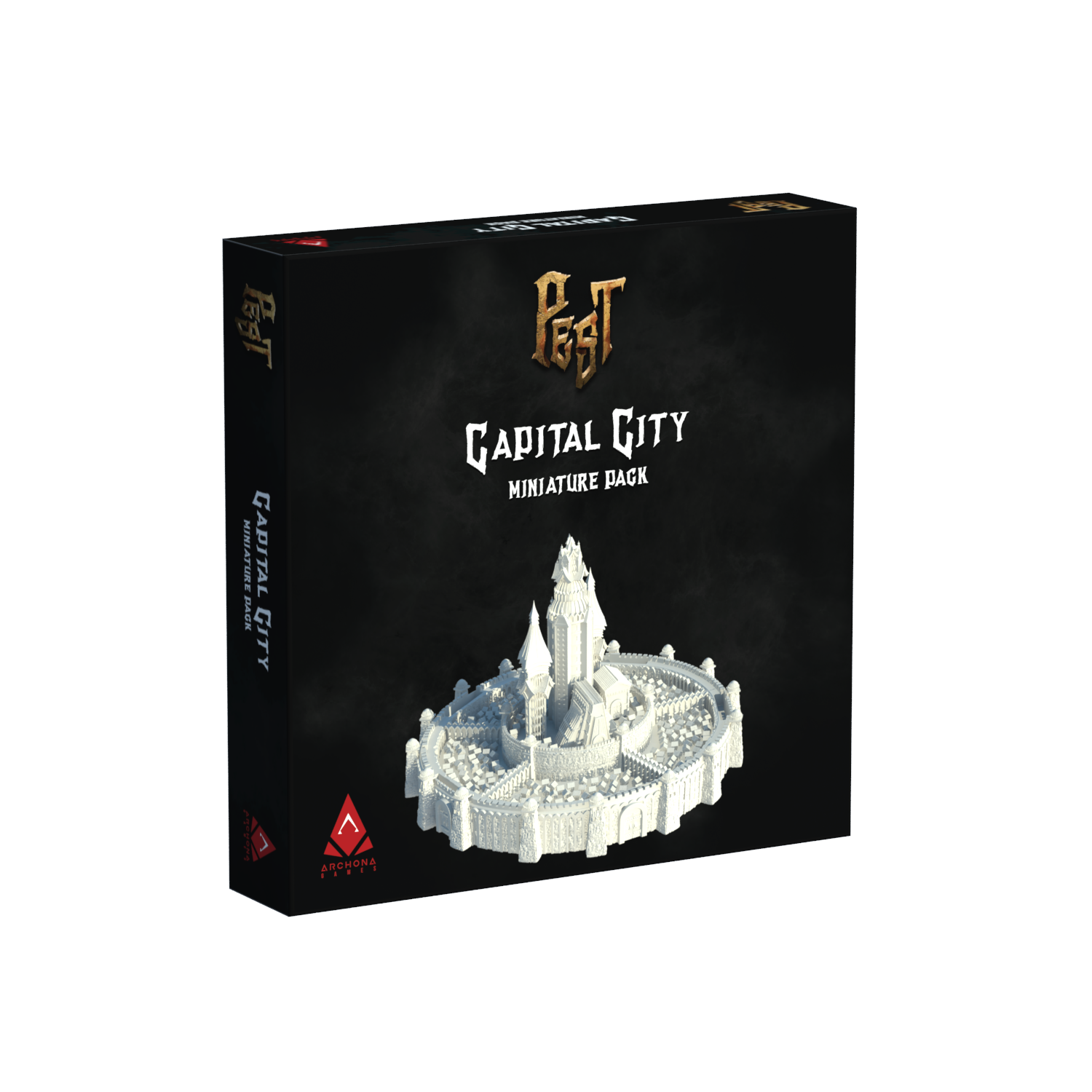 Box of 'Pest Capital City' miniature set with castle illustration on a white background