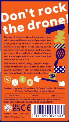 Game box with text 'Don't rock the drone!' and graphics on an orange background
