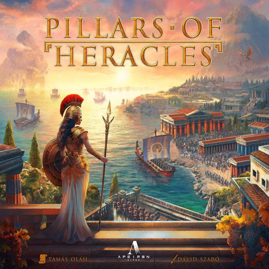 Board game cover titled 'Pillars of Heracles' with a character in classical attire overlooking a coastal city.