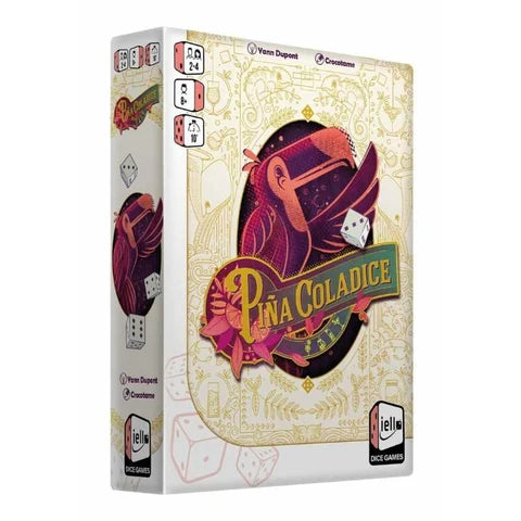 Board game box for 'Pina Coladice' with colorful design and dice illustration on a white background