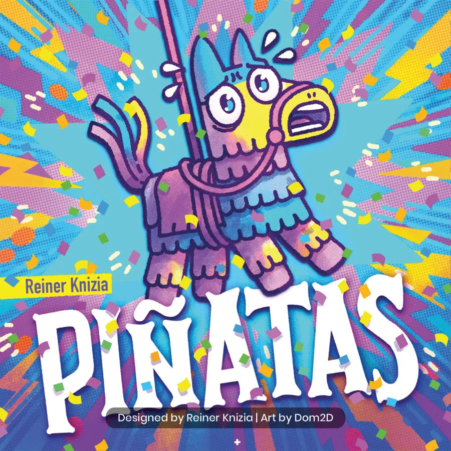 Colorful board game box for 'Pinatas' with a cartoon pinata character on a vibrant background.