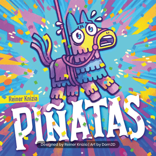 Colorful board game box for 'Pinatas' with a cartoon pinata character on a vibrant background.