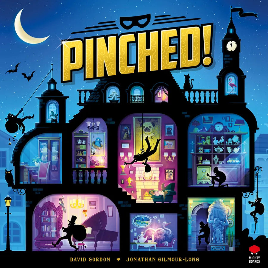 Cover of 'Pinched!' board game with colorful illustration of a building at night.