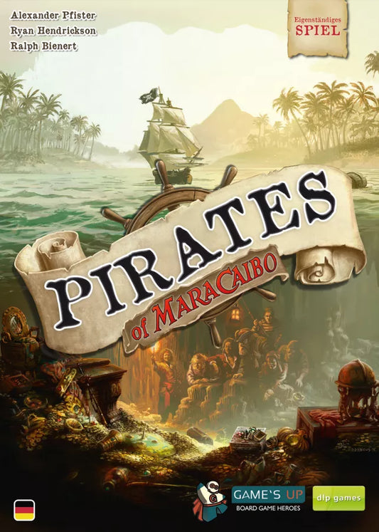 Board game cover of 'Pirates of Maracaibo' with a pirate ship and tropical landscape.