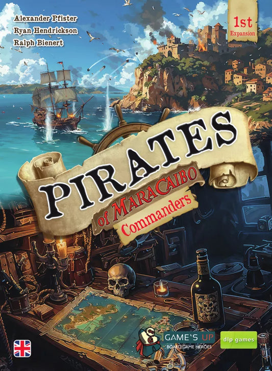 Board game box for 'Pirates of Maracaibo: Commanders' with a pirate ship and island scene.