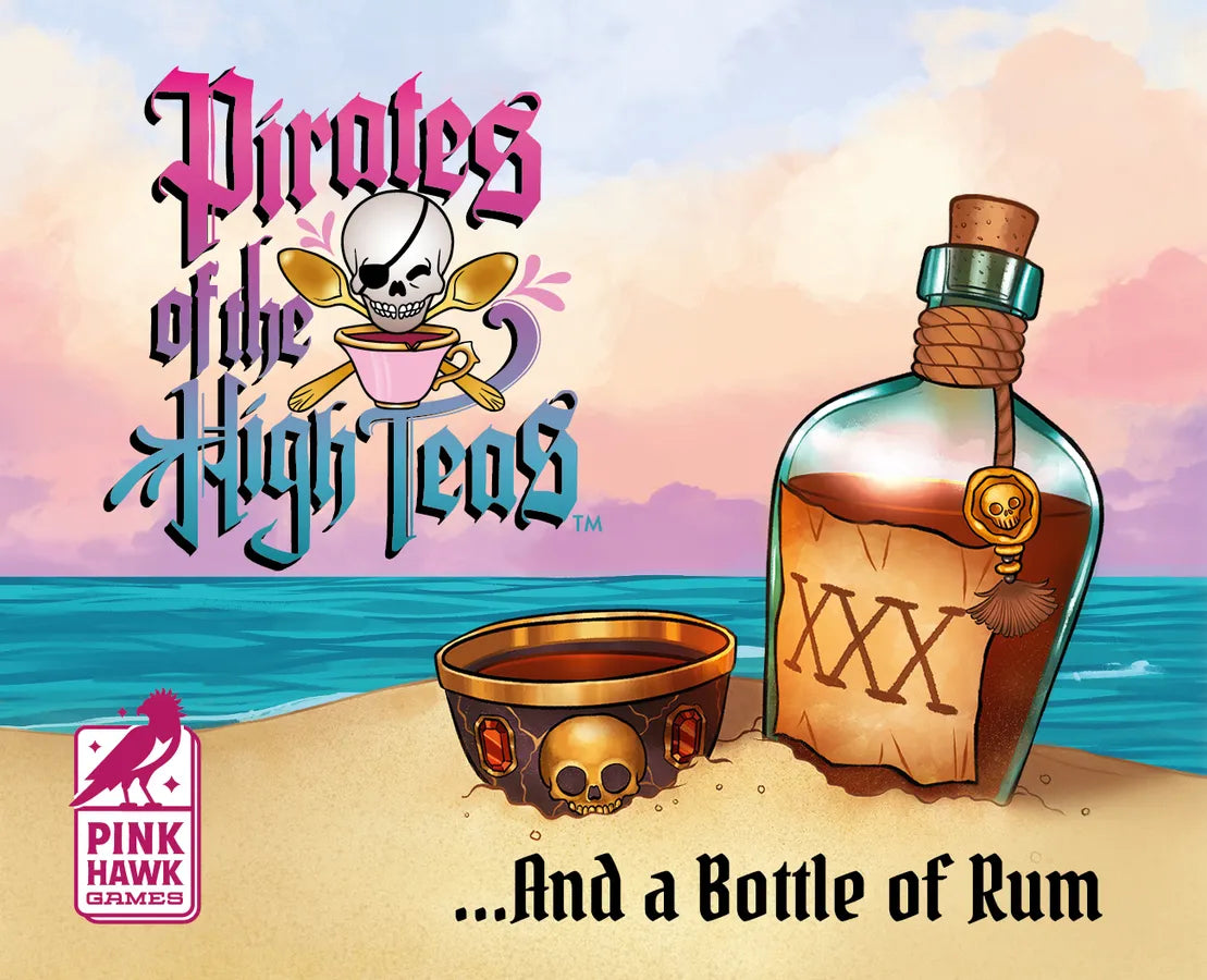 Promotional graphic for 'Pirates of the High Teens' with a bottle of rum and skull-themed items on a beach.