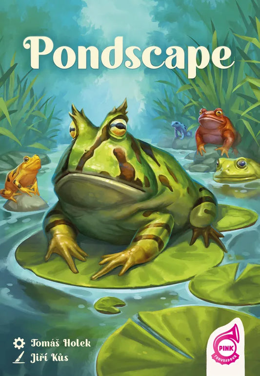Book cover of 'Pondscape' with frogs and water lilies on a blue background