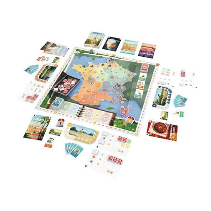 Board game components including a map of France and various cards on a white background