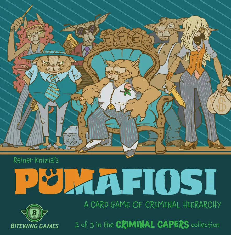 Front cover of the board game 'Pomafiosi' by Reiner Knizia's Bitewing Games. The top half features colorful cartoon animal characters dressed in suits, with one wearing a large hat and another in a blue vest, seated around an ornate throne.