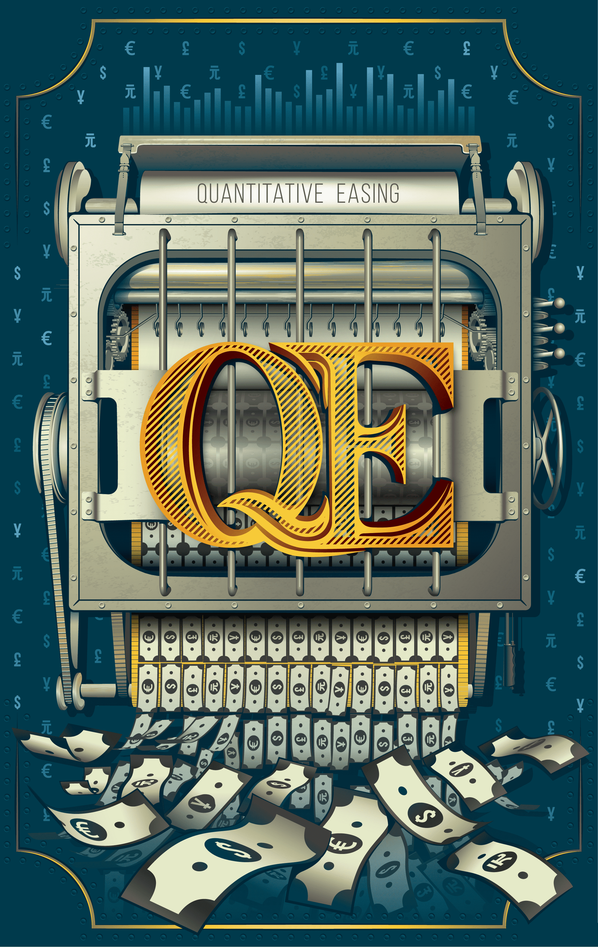 Illustration of a typewriter with 'QE' letters and dollar bills on a blue background