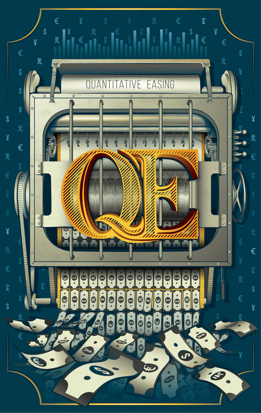 Illustration of a typewriter with 'QE' letters and dollar bills on a blue background