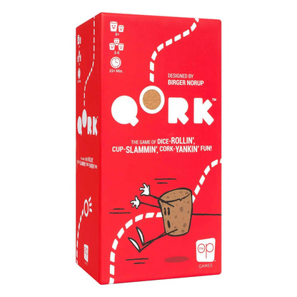 Red box of Qork game packaging with cartoon cork design on a white background