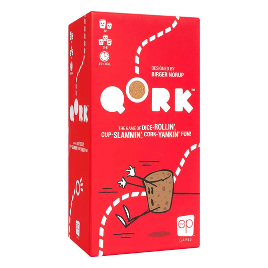 Red box of Qork game packaging with cartoon cork design on a white background