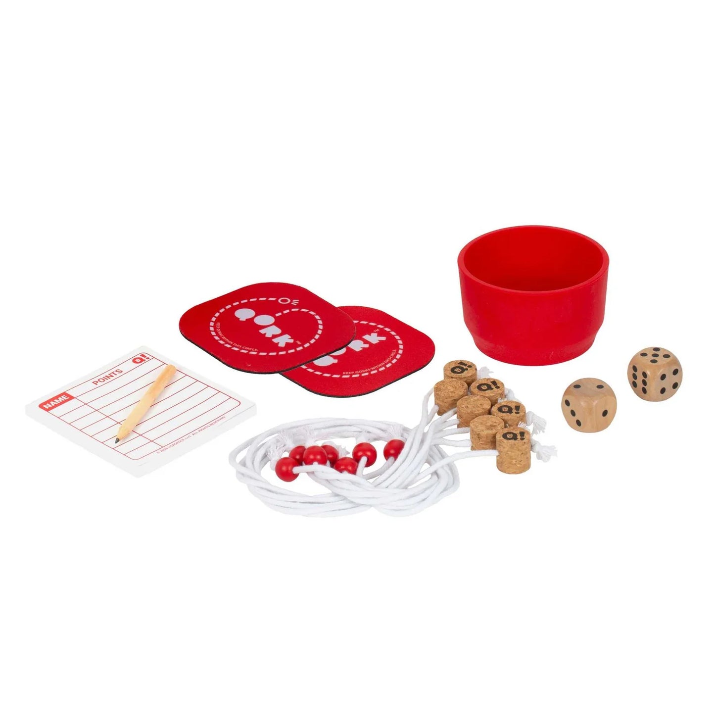Cup and ball game components including cups, balls, and a scorecard on a white background