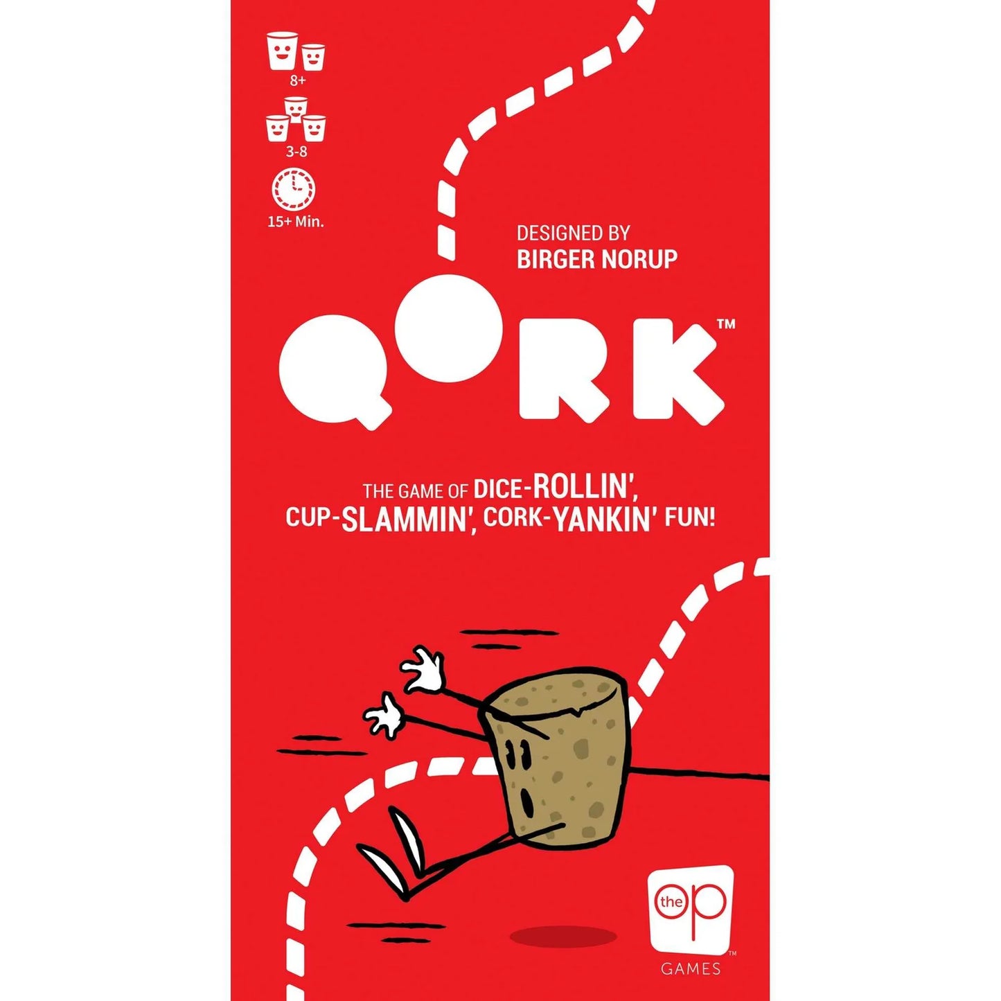 Red game box for 'Qork' with cartoon illustration and text